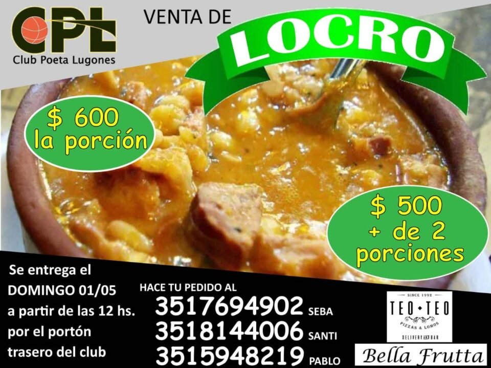 Este domingo se realizará una venta de locro a beneficio del Club Poeta Lugones